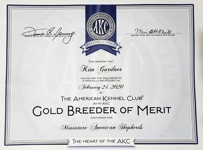 Gold Breeder of Merit certificate for Kim Gardner